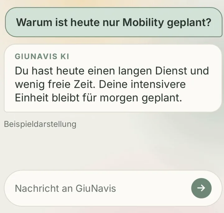 Chat in der App. Frage: Warum ist heute nur Mobility geplant? Antwort: Du hast heute einen langen Dienst und wenig freie Zeit. Deine intensivere Einheit bleibt für morgen geplant.